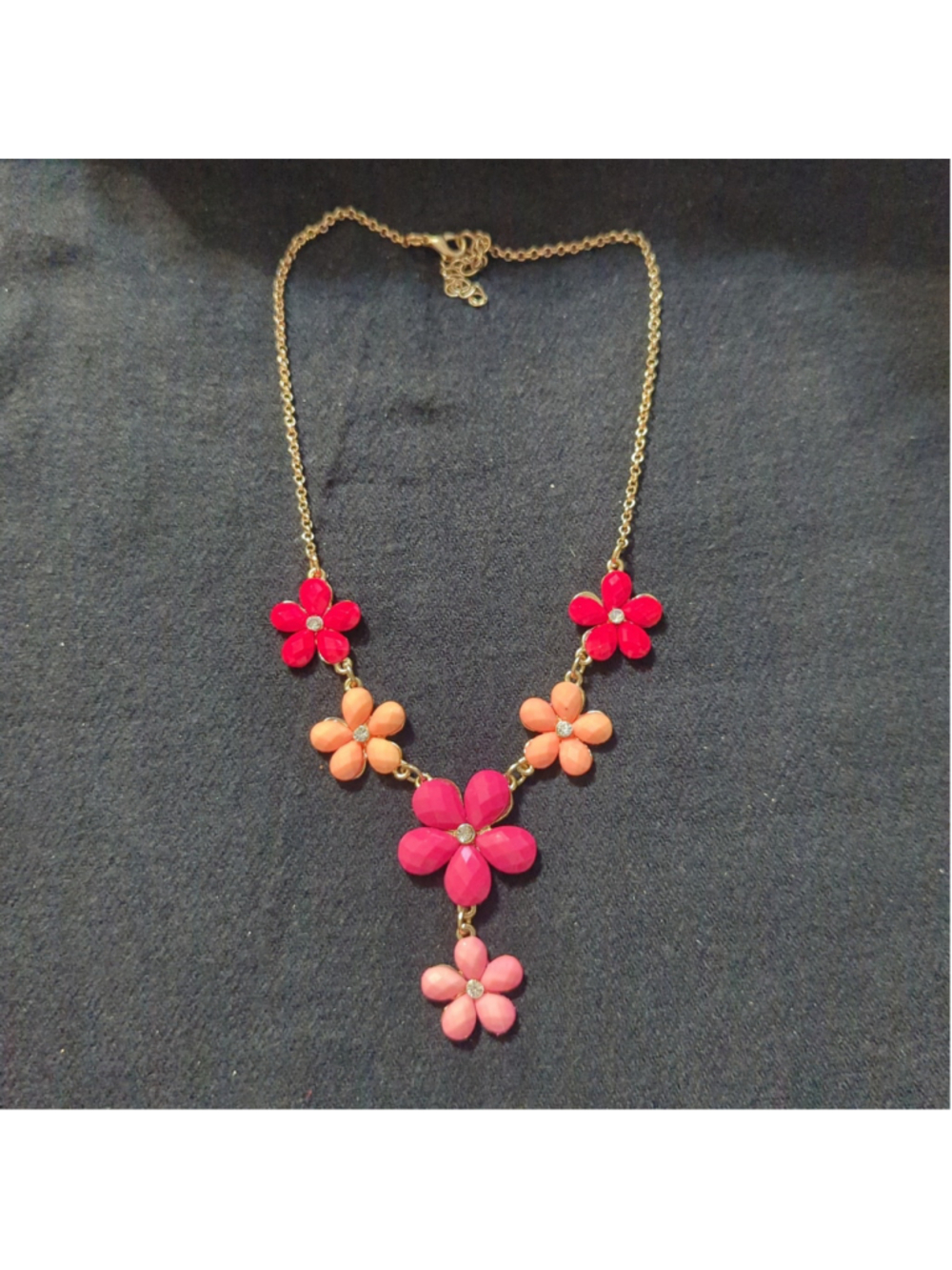 Gold Tone Floral Pink Red Orange Rhinestone Statement Necklace